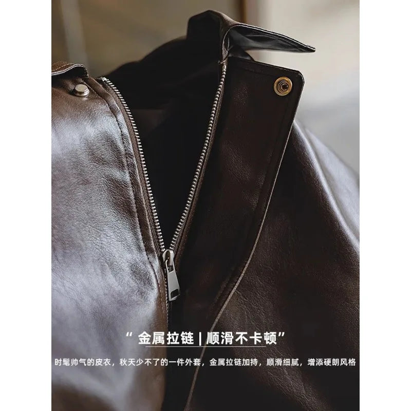 Brown PU Motorcycle Leather Jacket for Men