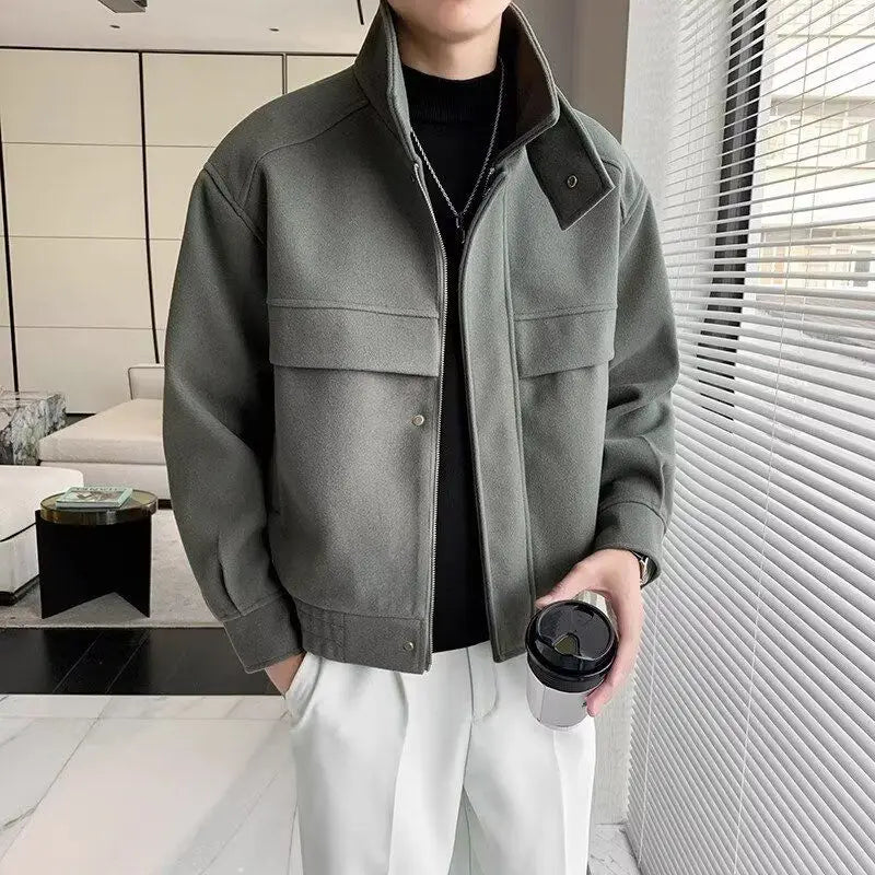 Green Woolen Stand Collar Jacket