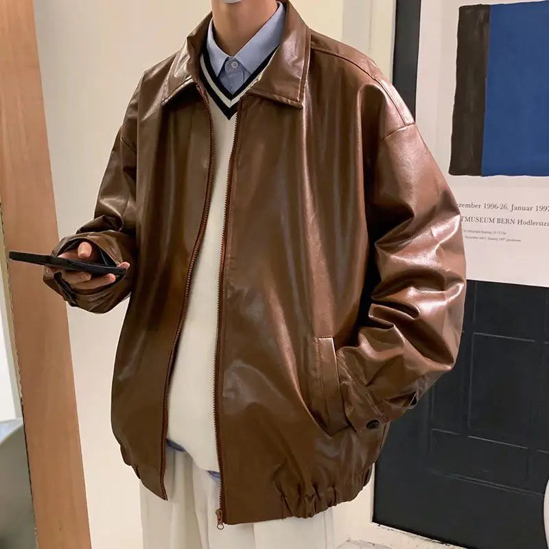 Brown PU Retro Motorcycle Leather Jacket for Men