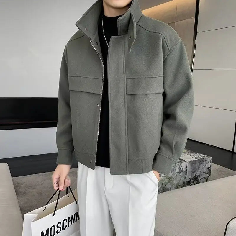 Green Woolen Stand Collar Jacket