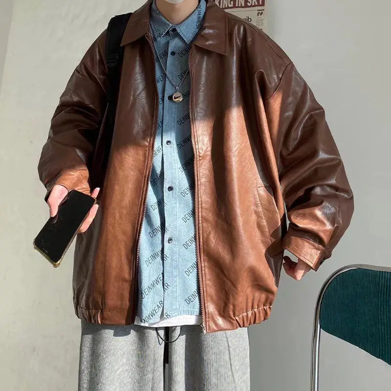 Brown PU Retro Motorcycle Leather Jacket for Men